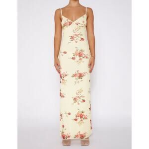 Women's Yellow Floral Sleeveless Cami Camisole Maxi Bodycon Slip Tank Dress Sz S